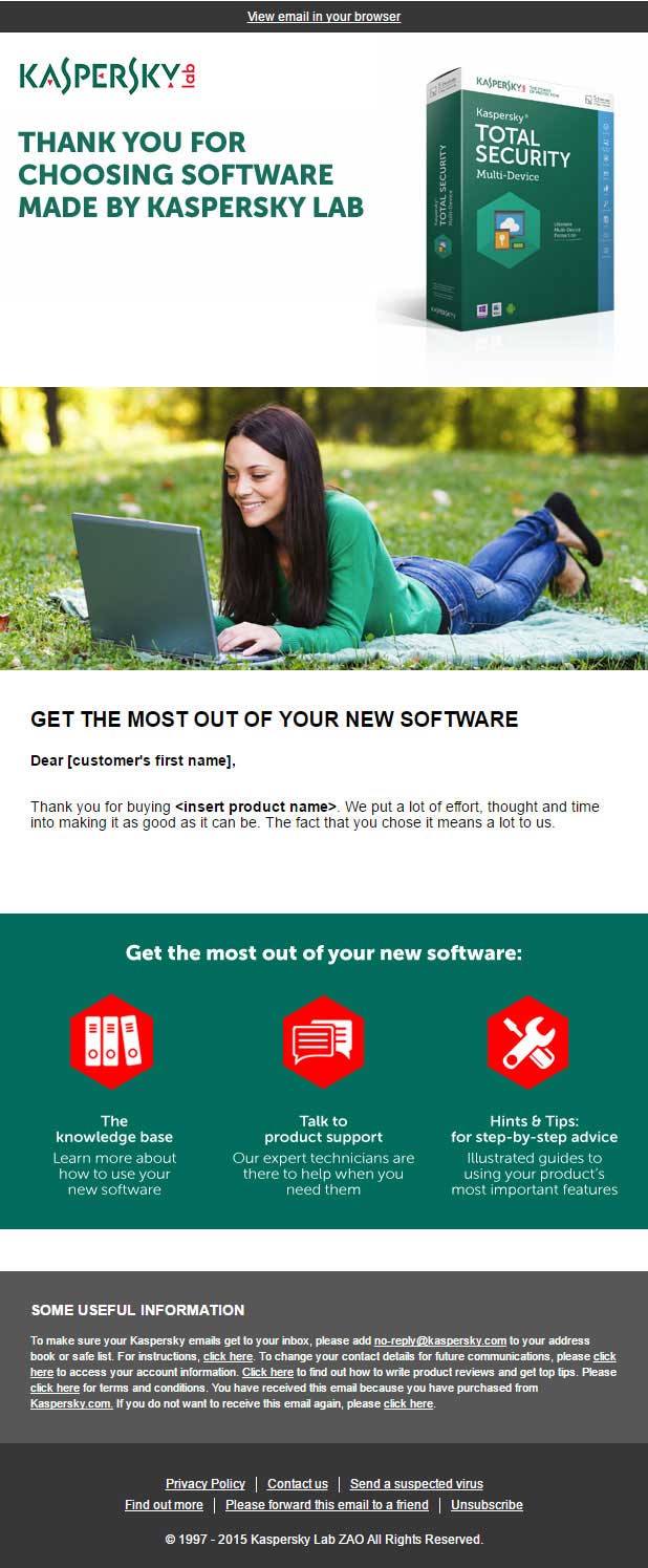 Kaspersky welcome email