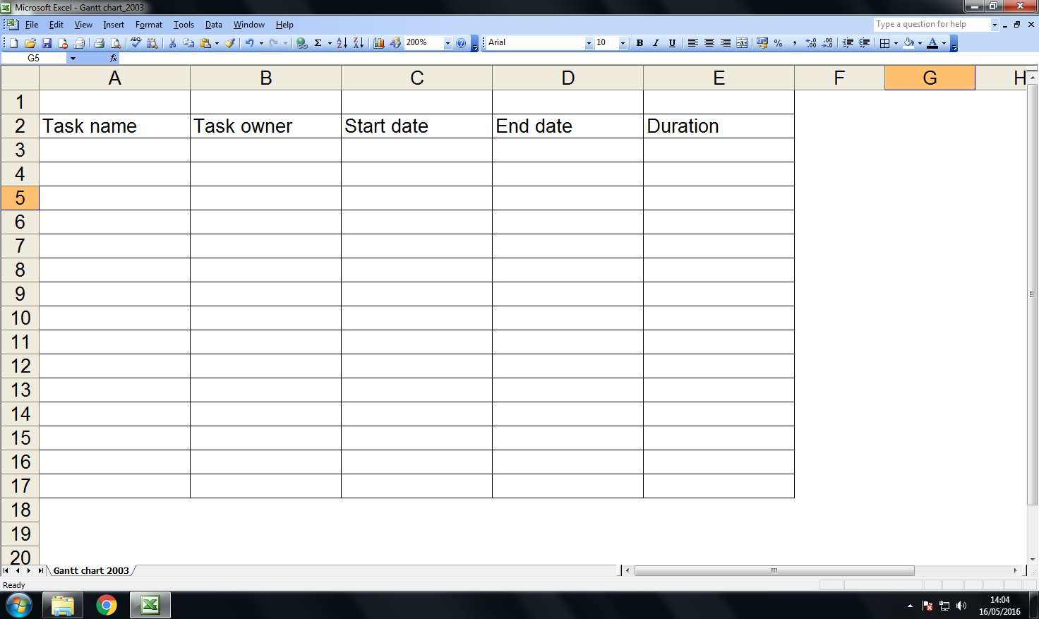 Create a Gantt chart in Excel 2003: step 1