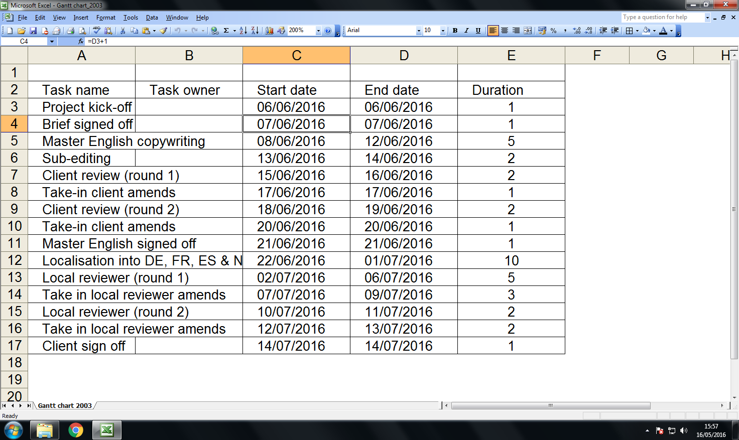 Create an auto-updating Gantt chart in Excel 2003: step 2
